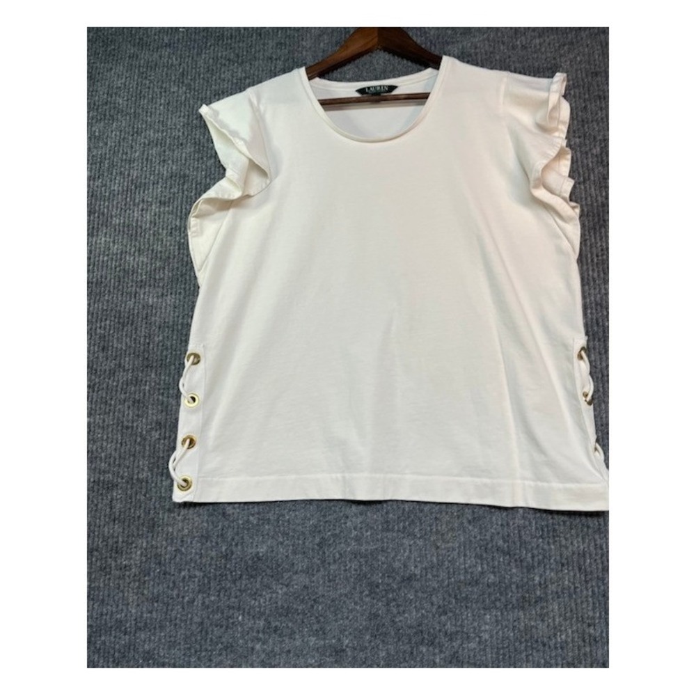 Lauren Ralph Lauren Ruffle Sleeve Lace Up Side Top Cream White XL Cotton